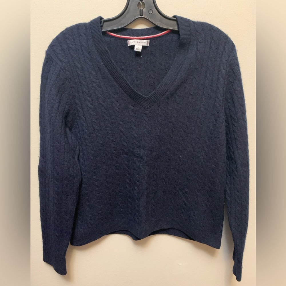 Tommy Hilfiger Wool Mix Navy Knit V-Neck Sweater